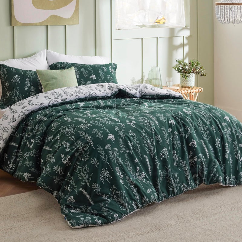 Bedsure 3 Pcs Floral Patterned Reversible Emerald Green Queen Duvet Cover Set with Zipper Closure and 8 Corner Ties, Includes 1 Duvet Cover (230 cm x 230 cm) and 2 Pillow Shams (50 cm x 66 cm) - Image 2