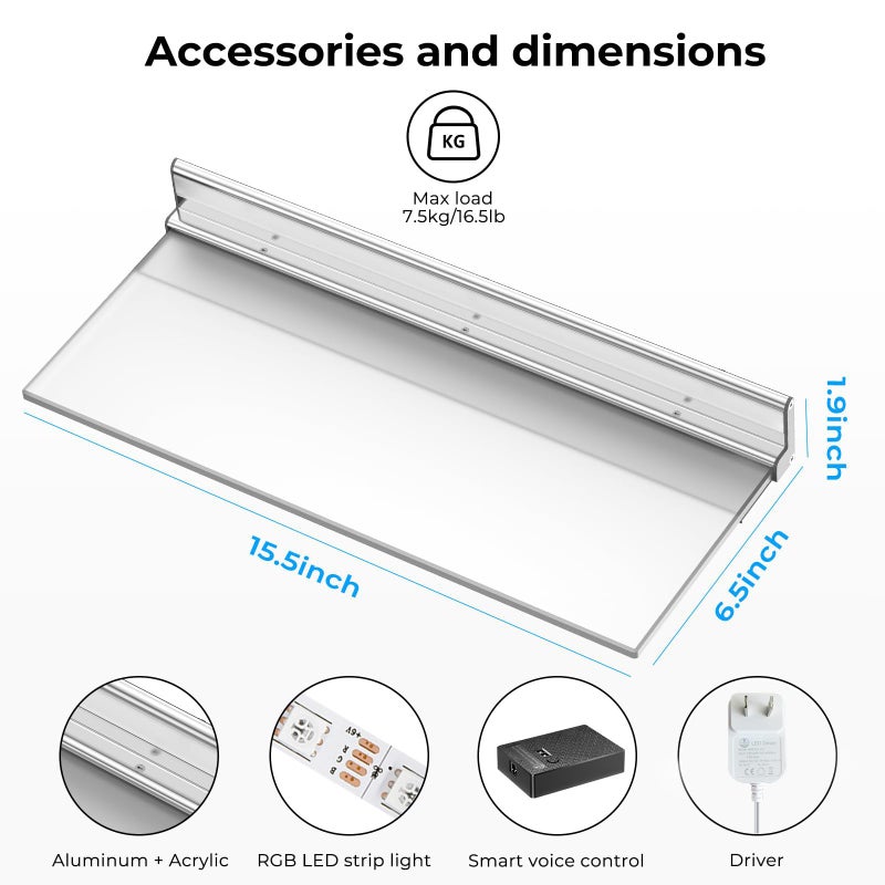 VST Floating Shelf with RGB Light, Compatible with Alexa Google Assistant App Remote Control, Handwave ON/Off, Metal Wall Mounted Light Emitting Shelves for Living Room Bathroom Bedroom, 2 Pack - Image 5