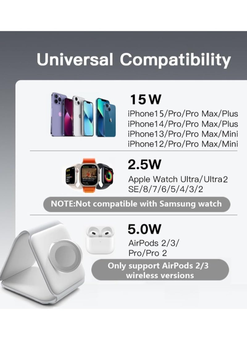 Generic - NEW 3-in-1 Foldable Magnetic Wireless Charger – 15W Mag-Safe Charging Station for iPhone, Apple Watch, and AirPods (White) - Image 1