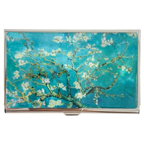 Nacreh Mother of Pearl Business Card Case Credit Id Name Holder Travel Wallet Art Painting Design Metal Stainless Steel Engraved Slim Purse Pocket Cash Money Wallet (Almond Blossom) - Image 1