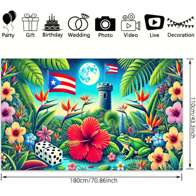BlissYard Puerto Rico Flag Taino Coqui Backdrop 71x43 Inch Tropical Hibiscus Banner with El Yunque Tower Moon Frog Dice for Boricua Festival Party Caribbean Heritage Wall Decoration Indoor Outdoor - Image 3