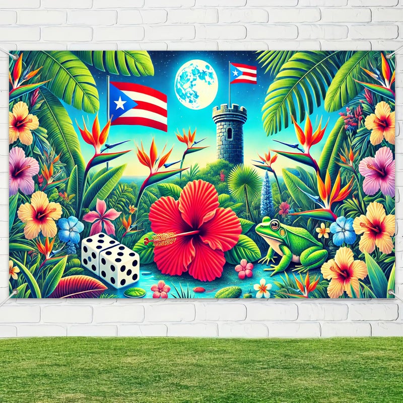 BlissYard Puerto Rico Flag Taino Coqui Backdrop 71x43 Inch Tropical Hibiscus Banner with El Yunque Tower Moon Frog Dice for Boricua Festival Party Caribbean Heritage Wall Decoration Indoor Outdoor - Image 4