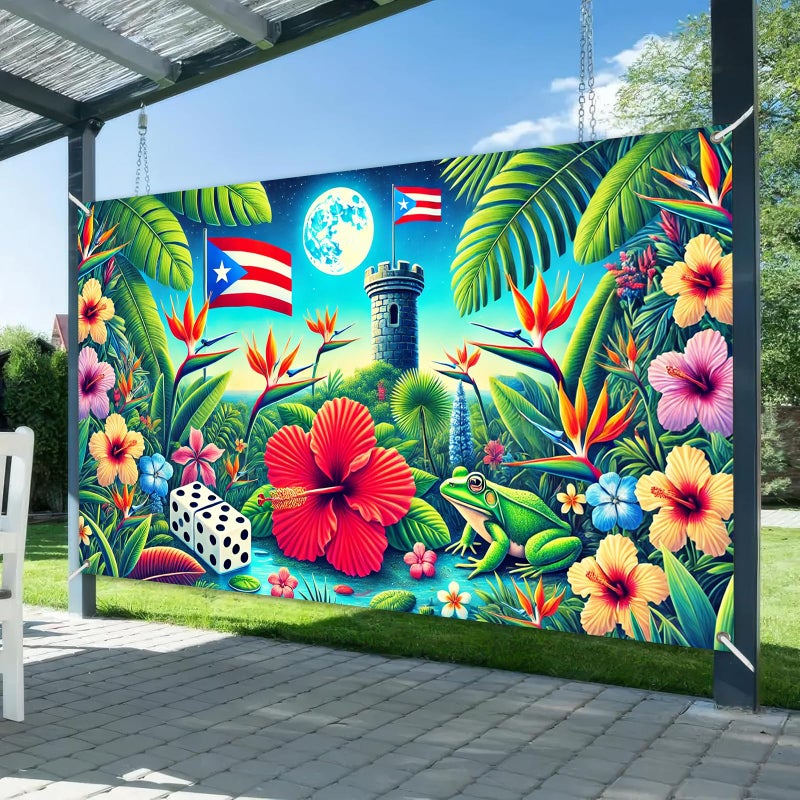 BlissYard Puerto Rico Flag Taino Coqui Backdrop 71x43 Inch Tropical Hibiscus Banner with El Yunque Tower Moon Frog Dice for Boricua Festival Party Caribbean Heritage Wall Decoration Indoor Outdoor - Image 2