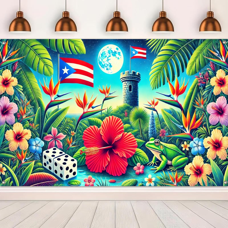 BlissYard Puerto Rico Flag Taino Coqui Backdrop 71x43 Inch Tropical Hibiscus Banner with El Yunque Tower Moon Frog Dice for Boricua Festival Party Caribbean Heritage Wall Decoration Indoor Outdoor - Image 5