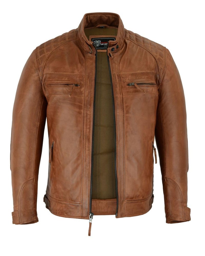 Vance Leather Mens Cafe Racer Waxed Lambskin Austin Brown Motorcycle Leather Jacket XLarge Austin Brown