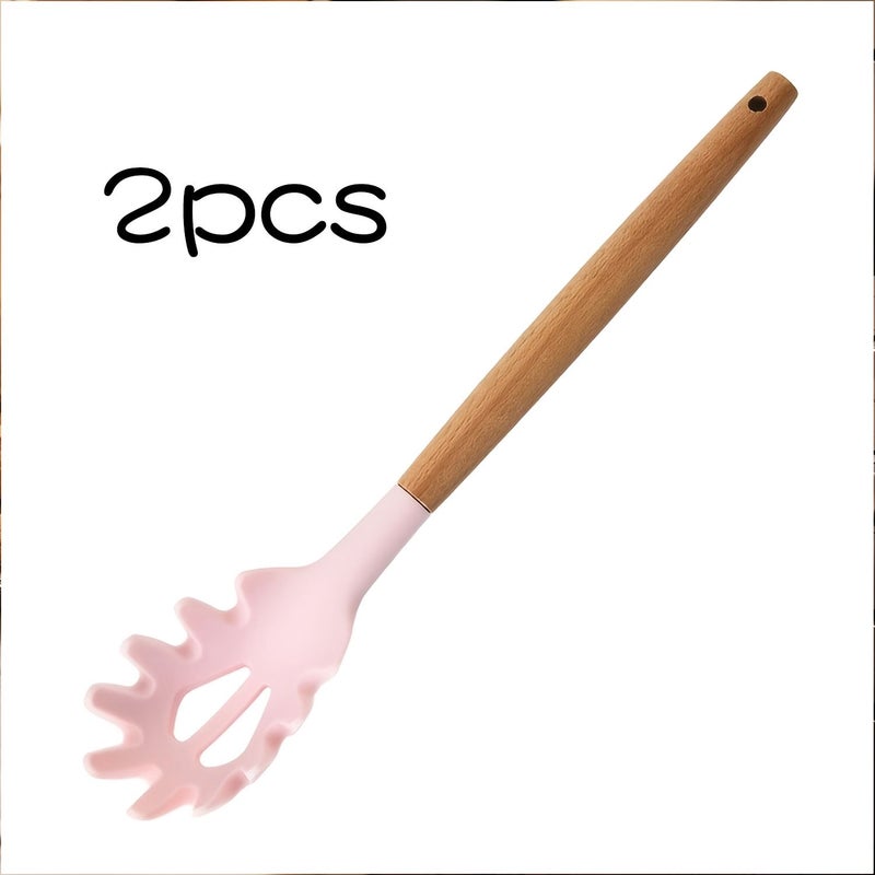 Pink-2pcs Pasta Spoon Set Non-Stick Pan Safe Multi-Functional Strainer For Noodles Dumplings Eggs Serving And Draining - Image 1