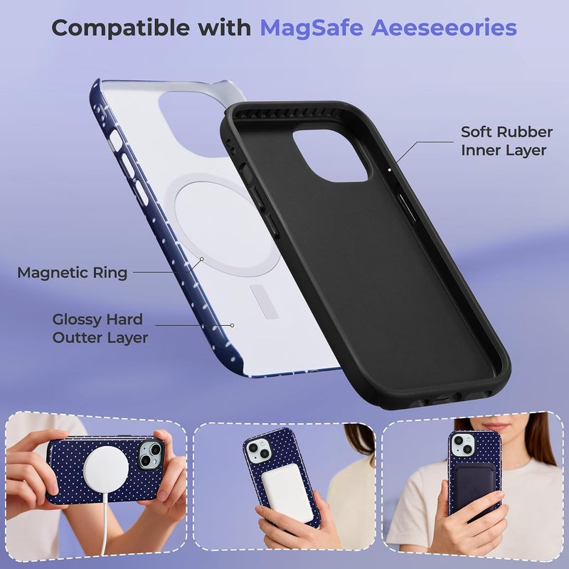 حافظة مغناطيسية من لهاتف iPhone 15، بتصميم نقاط متناثرة جميل، مناسبة للفتيات والنساء، تتوافق مع خاصية Magsafe، غطاء واقي صلب من البلاستيك الخالي من الرصاص (PC) مع طبقة ناعمة من TPU، لهاتف iPhone 15 – اللون الأزرق البحري. - Image 3