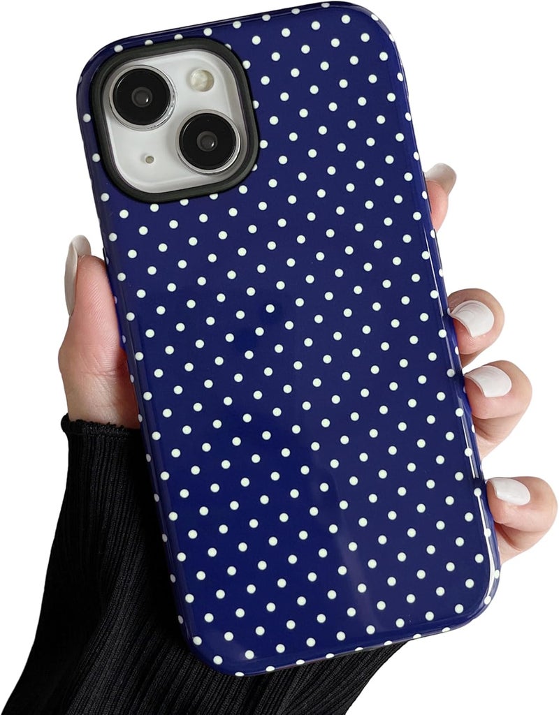 حافظة مغناطيسية من لهاتف iPhone 15، بتصميم نقاط متناثرة جميل، مناسبة للفتيات والنساء، تتوافق مع خاصية Magsafe، غطاء واقي صلب من البلاستيك الخالي من الرصاص (PC) مع طبقة ناعمة من TPU، لهاتف iPhone 15 – اللون الأزرق البحري. - Image 1