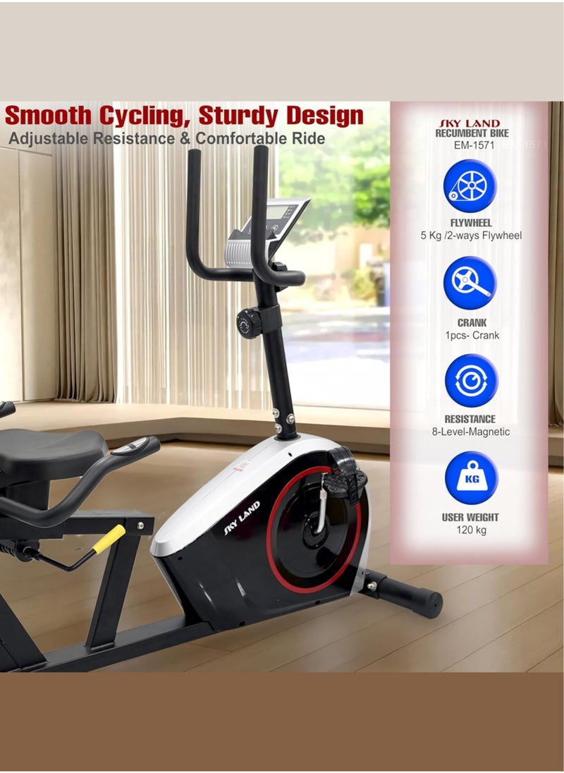 Sky Land Magnetic Recumbent Exercise Bike | 8-Level Magnetic Resistance | LED Display | FitShow App | Quiet & Smooth Cycling | 5Kg 2-Way Flywheel | Adjustable Seat | Home Gym Fitness Equipment EM-1571  - Image 3