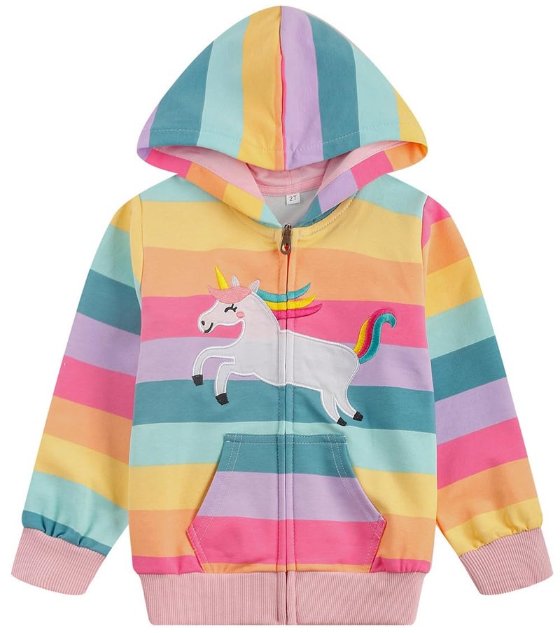 RETSUGO Girls Jacket Zip up Hoodie Unicorn Stirpe Toddler Hooded Sweatshirt Kids Fall Outfits Clothes Winter Coats Casual Outerwear 3t - Image 1