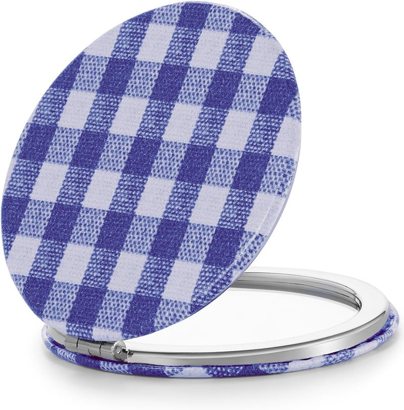 OMIRO 1X/10X(300R) Compact Magnifying Mirror, Unique Plaid Pattern Pocket Mirror with Classic PU Leather, Round, Blue Plaid - Image 1
