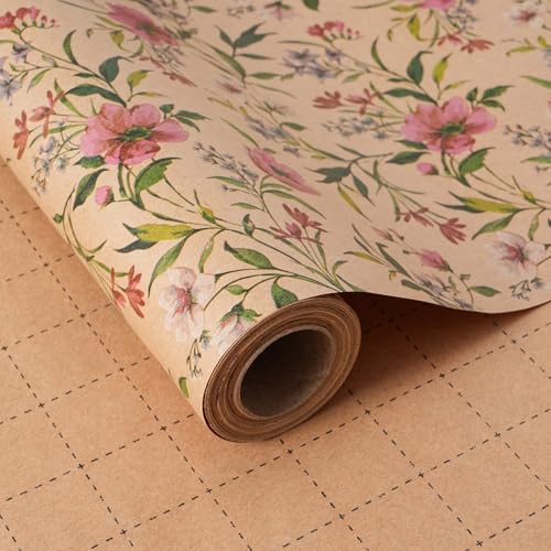 ZINTBIAL Kraft Floral Wrapping Paper Roll - Pink and Purple Floral Design, 17 Inches x 16.5 Feet, Gift Wrap for Wedding, Bridal Shower, Birthday, Mother's Day, Cut Lines on Back - Image 1