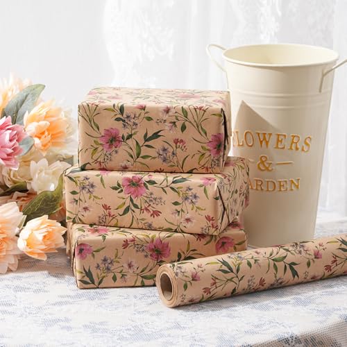 ZINTBIAL Kraft Floral Wrapping Paper Roll - Pink and Purple Floral Design, 17 Inches x 16.5 Feet, Gift Wrap for Wedding, Bridal Shower, Birthday, Mother's Day, Cut Lines on Back - Image 5