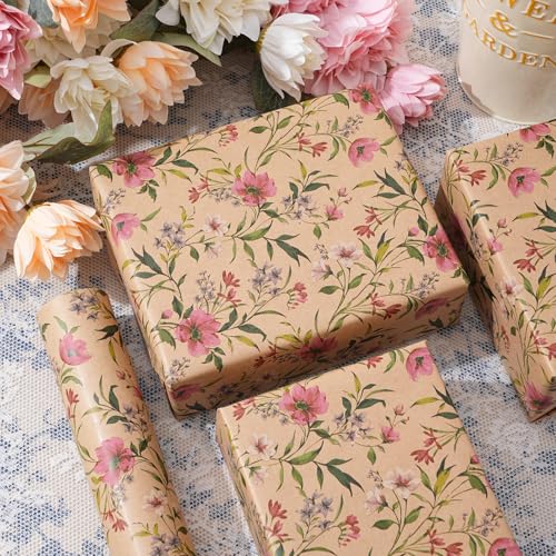 ZINTBIAL Kraft Floral Wrapping Paper Roll - Pink and Purple Floral Design, 17 Inches x 16.5 Feet, Gift Wrap for Wedding, Bridal Shower, Birthday, Mother's Day, Cut Lines on Back - Image 4