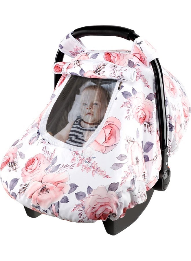 SWESEN Car Seat Covers for Babies, Winter Carseat Cover Girls, Minky Infant Car Seat Canopy, Cozy & Warm Cover, Pink Floral - Image 1