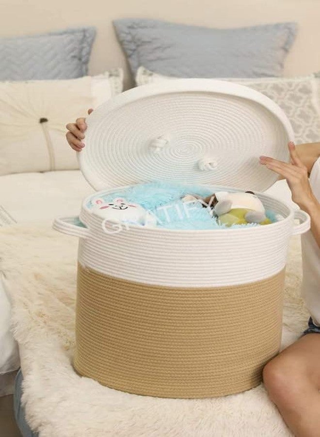 GRATIFY 12" x 12" x 14" Large Storage Basket with Lid, Cotton Rope Storage Baskets, Laundry Hamper, Toy Bin, Toys Blankets Pillows Storage in Living Room Baby Nursery, White&Beige Stiches with Cover - Image 2