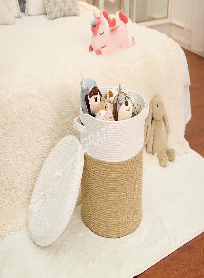 GRATIFY 12" x 12" x 14" Large Storage Basket with Lid, Cotton Rope Storage Baskets, Laundry Hamper, Toy Bin, Toys Blankets Pillows Storage in Living Room Baby Nursery, White&Beige Stiches with Cover - Image 5
