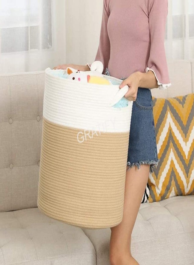 GRATIFY 12" x 12" x 14" Large Storage Basket with Lid, Cotton Rope Storage Baskets, Laundry Hamper, Toy Bin, Toys Blankets Pillows Storage in Living Room Baby Nursery, White&Beige Stiches with Cover - Image 3