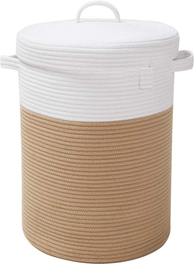 GRATIFY 12" x 12" x 14" Large Storage Basket with Lid, Cotton Rope Storage Baskets, Laundry Hamper, Toy Bin, Toys Blankets Pillows Storage in Living Room Baby Nursery, White&Beige Stiches with Cover - Image 1
