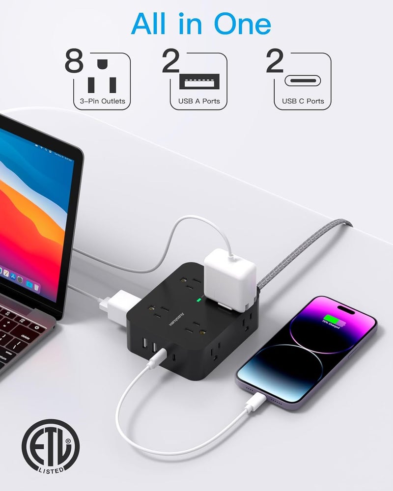 HANYCONY سلك تمديد بطول 6 أقدام مع حماية من زيادة التيار، سلك طويل مع 8 مخارج و4 منافذ USB (2 USB C)، قابل للتثبيت على الحائط، حماية من زيادة التيار، مصدر طاقة مع حماية من زيادة التيار - Image 2
