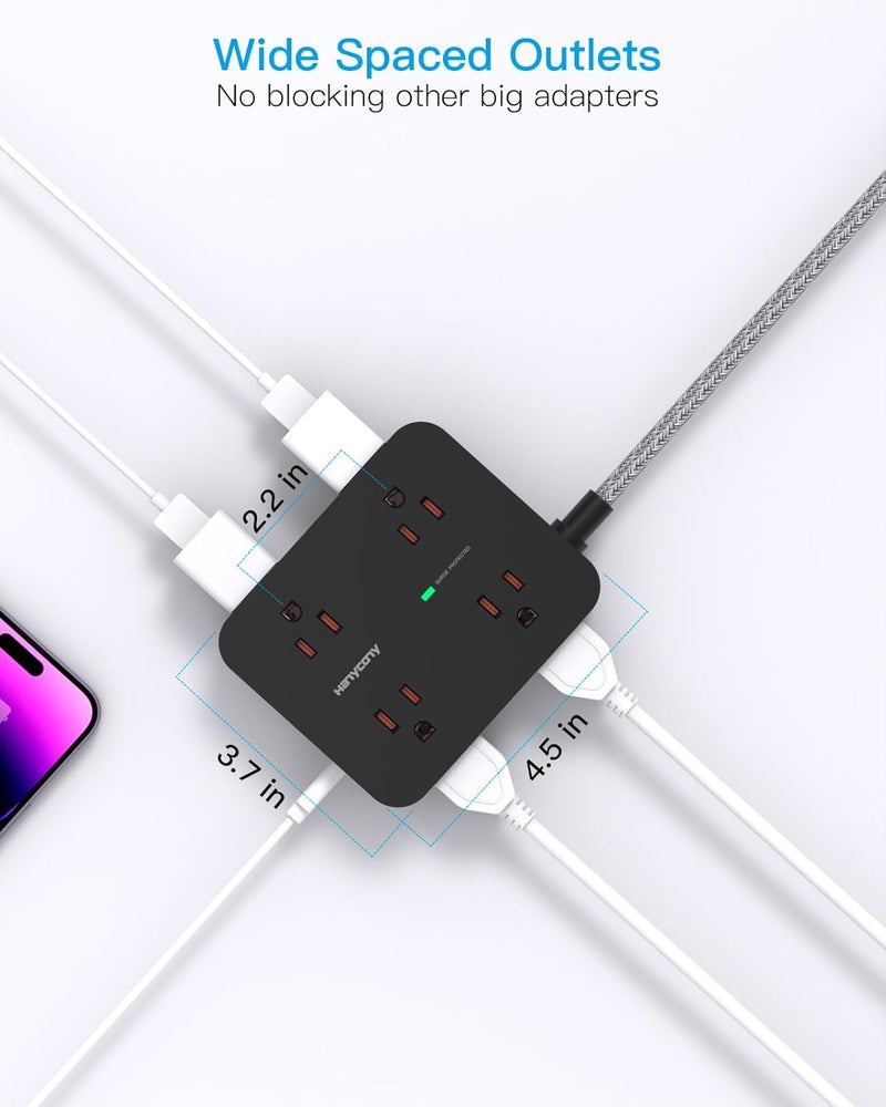 HANYCONY سلك تمديد بطول 6 أقدام مع حماية من زيادة التيار، سلك طويل مع 8 مخارج و4 منافذ USB (2 USB C)، قابل للتثبيت على الحائط، حماية من زيادة التيار، مصدر طاقة مع حماية من زيادة التيار - Image 4