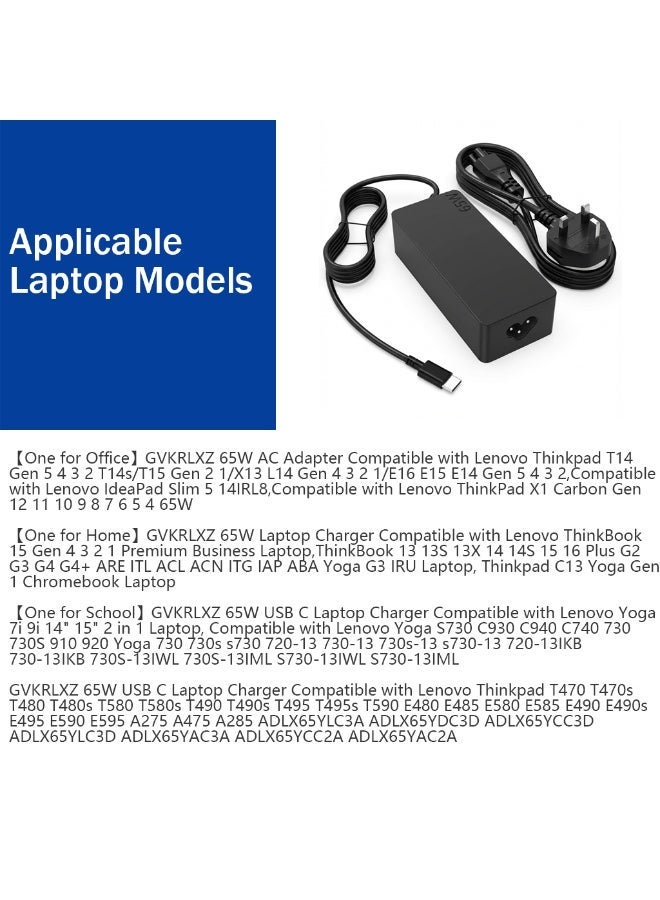 65W USB C Charger Compatible with Lenovo Thinkpad T14 X13 E16 E14 T15 Gen 5 4 L13 L14 E15 G5 G4,Thinkpad X1 Carbon Gen 12 11 10 9 8/IdeaPad Slim 5/Yoga G3 14 G6 G4 Type C Power Adapter - Image 2