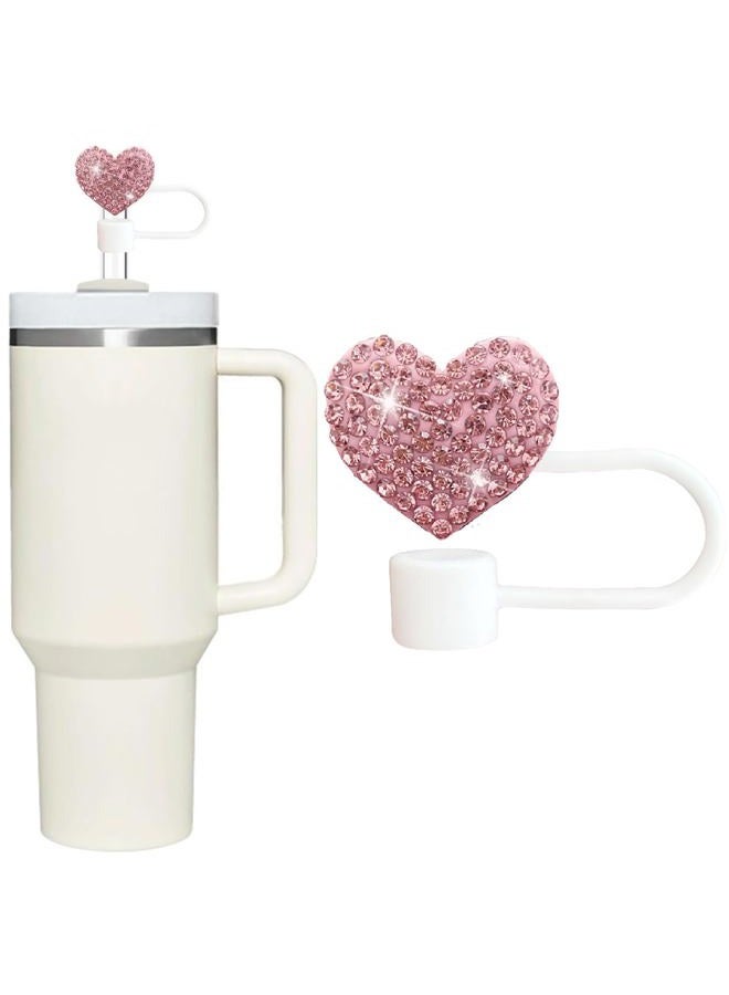 Wentoenapp Bling Hearts Straw Covers Cap for Stanley Cup, Bling Diamond Rhinestone, 10mm Silicone Toppers, Straw Topper Compatible for Stanley 30&40 Oz Tumbler with Handle, Reusable Straws (Pink) - Image 1