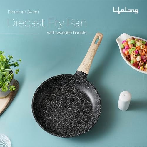 Lifelong Die-Cast Fry Pan 24cm with Glass Lid & Wooden Spatula | 1.3Ltr, 0.75kg Pan | Gas Stove and Induction Friendly | Non-Stick Pre-Seasoned 100% Toxin & Teflon Free & Durable | Skillet for Cooking - Image 2