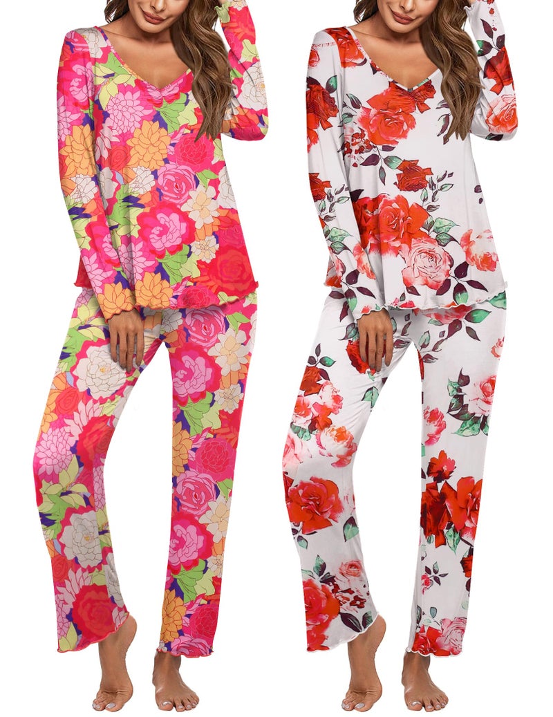 Ekouaer Womens 2 Pack Pajama Set Long Sleeve Pajamas Top and Pants V Neck Pjs Set Soft Sleepwear Loungewear - Image 1
