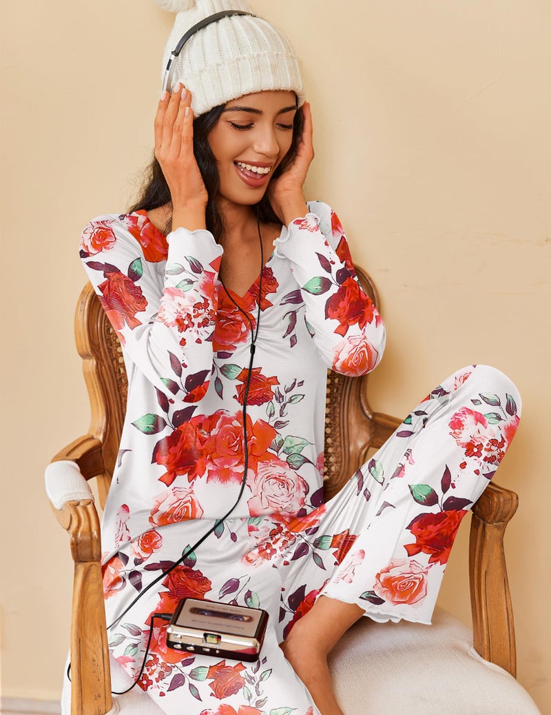 Ekouaer Womens 2 Pack Pajama Set Long Sleeve Pajamas Top and Pants V Neck Pjs Set Soft Sleepwear Loungewear - Image 2