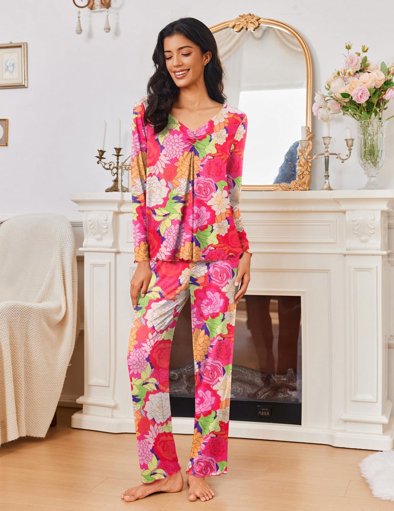 Ekouaer Womens 2 Pack Pajama Set Long Sleeve Pajamas Top and Pants V Neck Pjs Set Soft Sleepwear Loungewear - Image 5