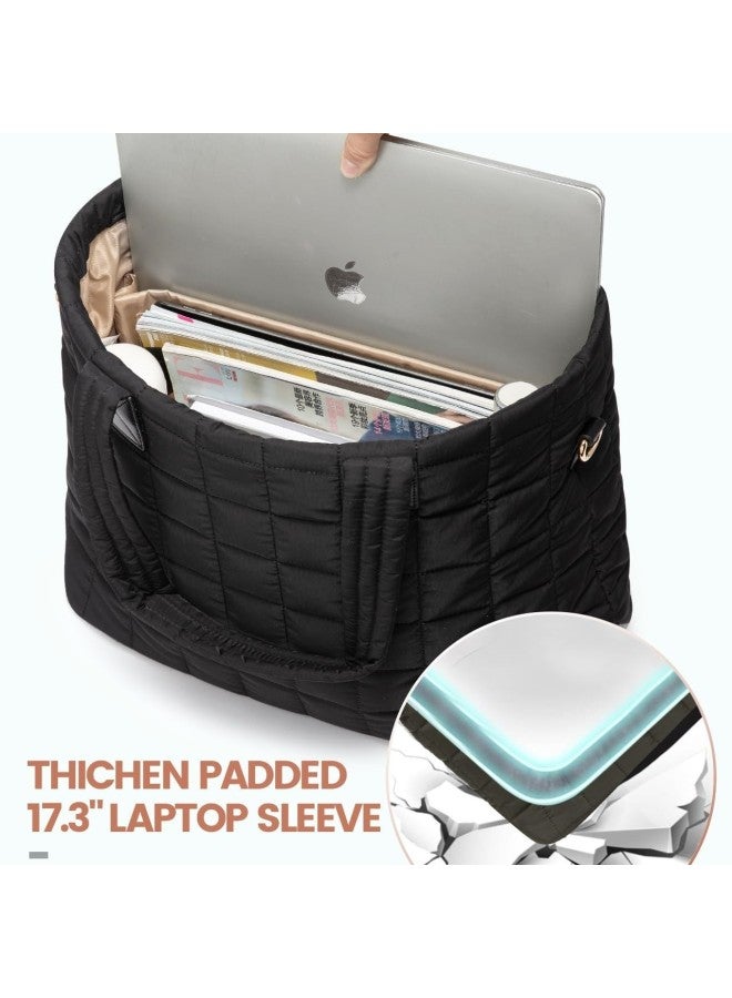 Women Down Handbag Laptop Bag Quilted Zipper Fluffy Work Tote Bag-Color:Khaki-Size:45 X 18 X 32CM - Image 3