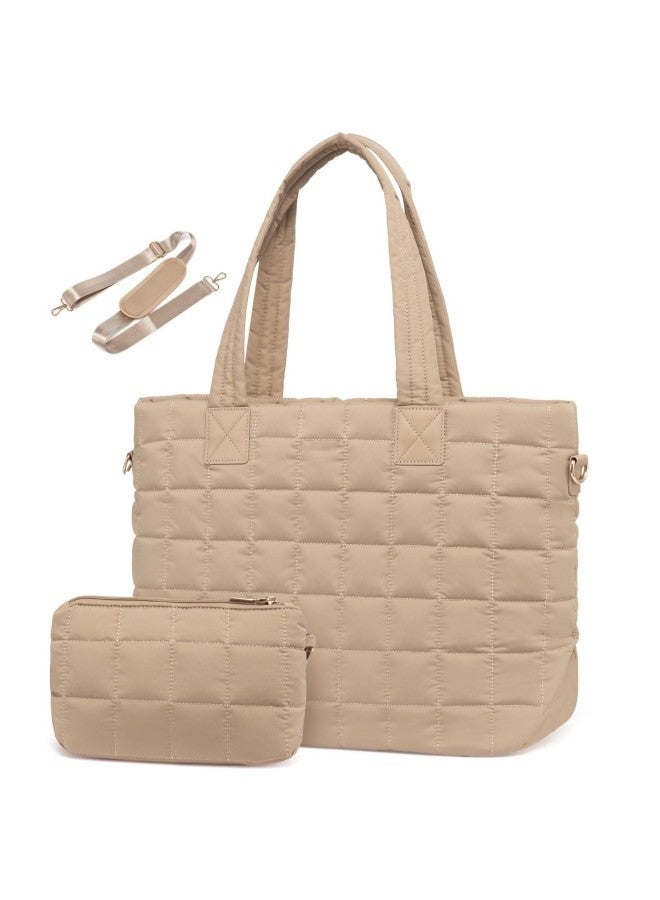 Women Down Handbag Laptop Bag Quilted Zipper Fluffy Work Tote Bag-Color:Khaki-Size:45 X 18 X 32CM - Image 1