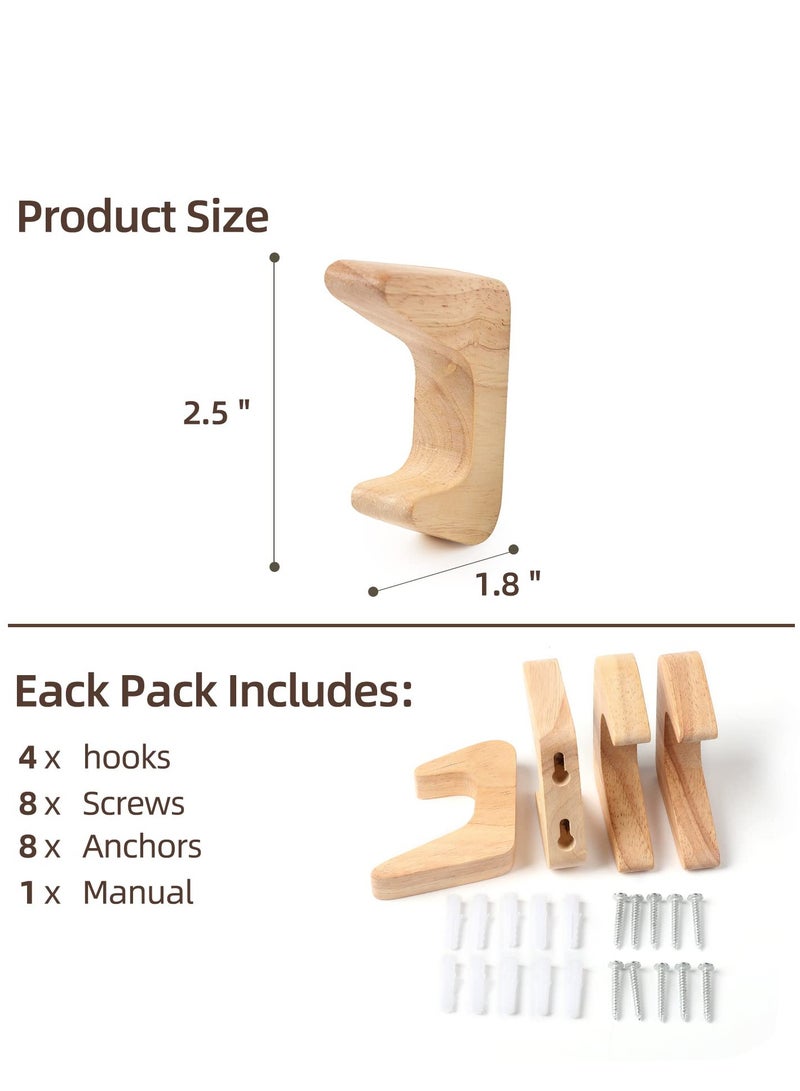 4PCS Minimalist Wood Wall Hooks,  Modern Wooden Wall Mounted Hooks Natural Wooden Coat Hook Rack Mounted Wooden Pegs Wall Coat Hook Simplistic Wall Mounted Hooks for Hanging Hat, Towel, Robe, Bag - Image 3