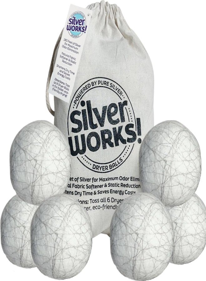 SilverWorks! Wool Dryer Balls Laundry Reusable - Odor Eliminating Dryer Laundry Balls with Silver Technology - Natural Fabric Softener and Static Reducer, Reduce Drying Time and Energy Costs - 6 Pack - Image 1