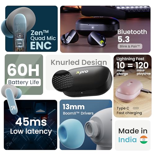 GOBOULT Y1 Pro Ear Buds Wireless 60H Playtime, 4 Mics Calling, 45ms Low Latency Gaming, Made in India,13mm Bass Driver Earbuds Buds TWS Bluetooth Wireless Earphone - Image 2