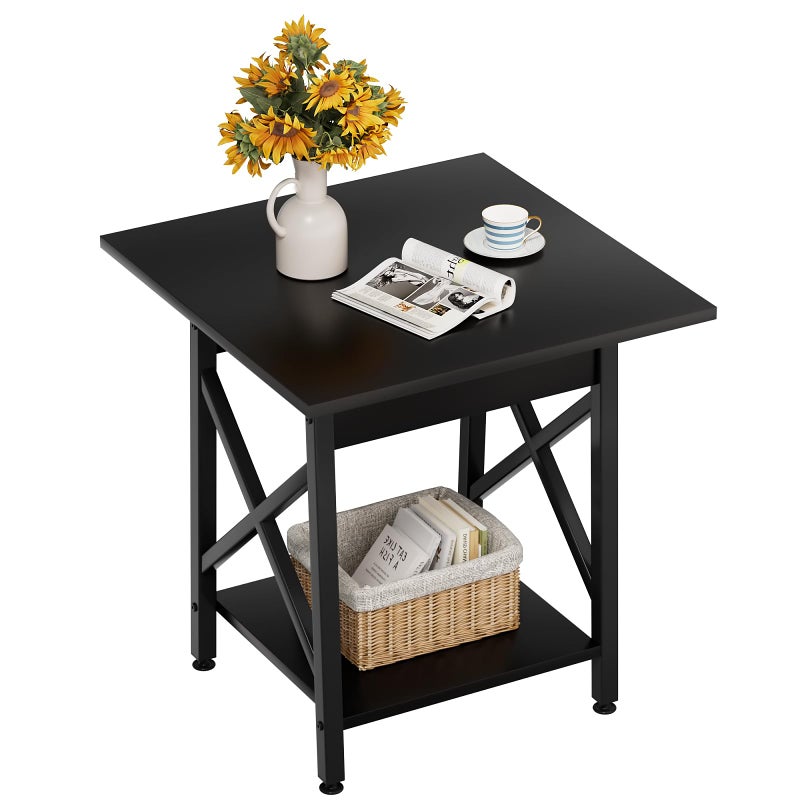 GreenForest End Table 24 inch for Living Room Large Square Side Tables with XFrame Tall Industrial Bedside Nightstand with 2Tier Storage Black