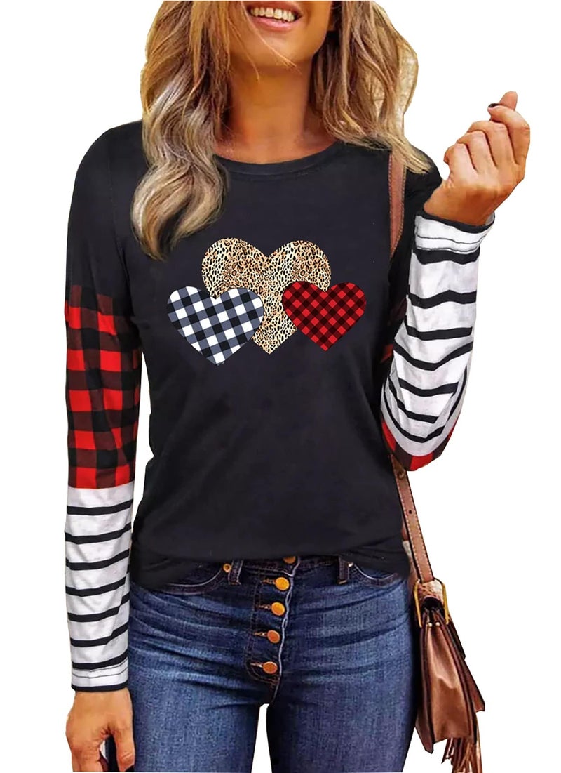 MHTOR Valentines Shirts Women Buffalo Plaid Love Heart Graphic Tees Letter Print Long Sleeve Tops Shirts(Large,Red-04)