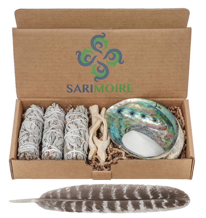 Sarimoire Sage Smudge Kit - White Sage Smudge Sticks - 4in ~ Abalone Shell 5-6in ~ 2in Tripod Stand ~ 9-12in Feather and White Sand - Image 1