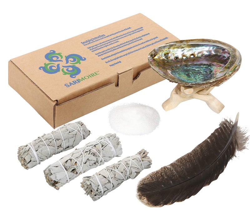 Sarimoire Sage Smudge Kit - White Sage Smudge Sticks - 4in ~ Abalone Shell 5-6in ~ 2in Tripod Stand ~ 9-12in Feather and White Sand - Image 2