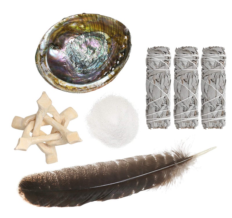 Sarimoire Sage Smudge Kit - White Sage Smudge Sticks - 4in ~ Abalone Shell 5-6in ~ 2in Tripod Stand ~ 9-12in Feather and White Sand - Image 4