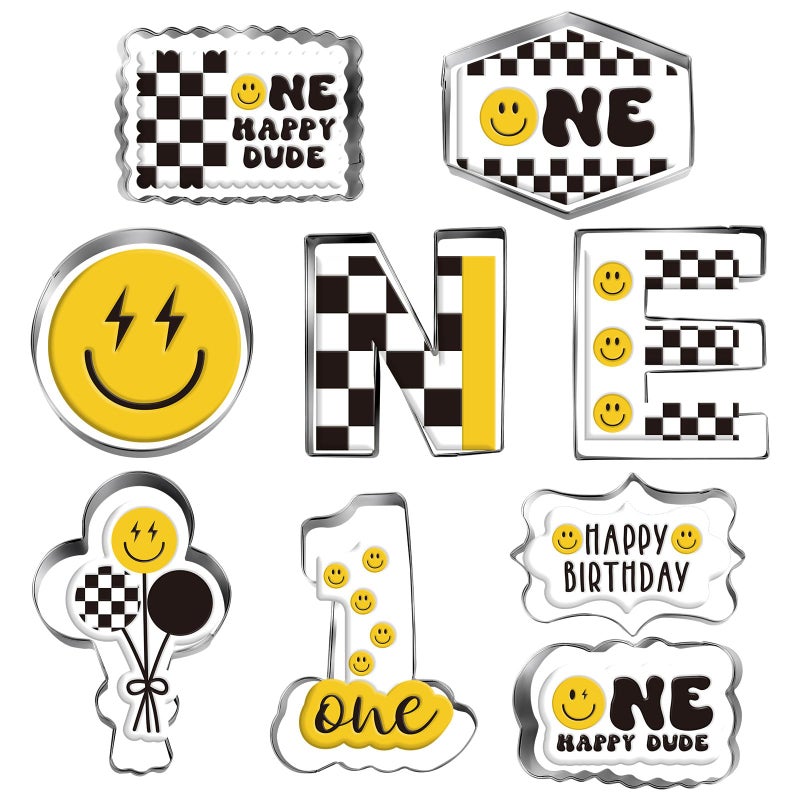 Whaline 9Pcs One Happy Dude Party Favor Cookie Cutter Birthday Biscuit Cutters Letters Plaques Numbers Shape Cookie Cutting Molds for Parties DIY Craft Baking Supplies - Image 1