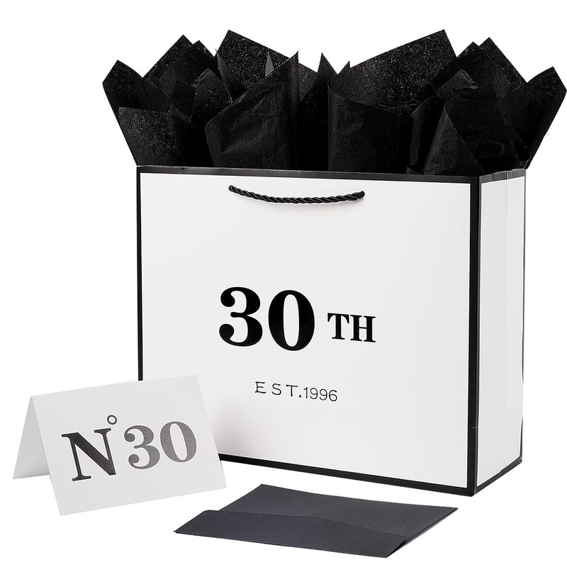 Jaywayang 30th Birthday White Black Large Gift Bag with Card and Tissue Paper, Metallic Printing Keepsake Gift Vintage Bag for Men Women, 1996 Wife Husband 30 Year Old Party Paper Bag for Gifts Wrapping. - Image 1