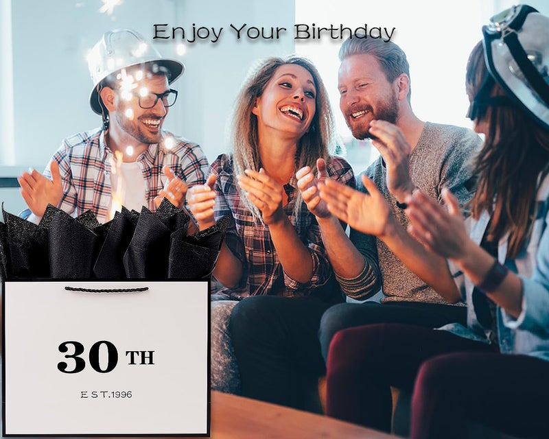 Jaywayang 30th Birthday White Black Large Gift Bag with Card and Tissue Paper, Metallic Printing Keepsake Gift Vintage Bag for Men Women, 1996 Wife Husband 30 Year Old Party Paper Bag for Gifts Wrapping. - Image 3
