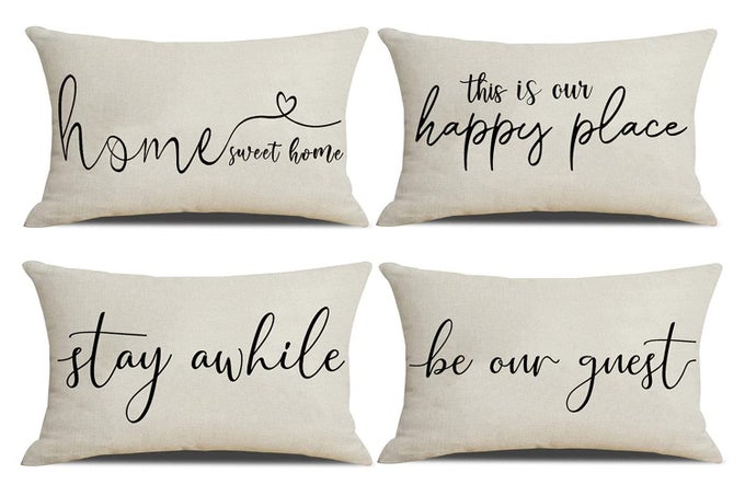 SET OF 4 FARMHOUSE PILLOW COVERS 12X20 QUOTE STAY AWHILE BE OUR GUEST PILLOW COVER HOME OUR HAPPY PLACE LUMBAR THROW PILLOW CASE FOR COUCH SOFA PORCH CHAIR GUEST ROOM DCOR