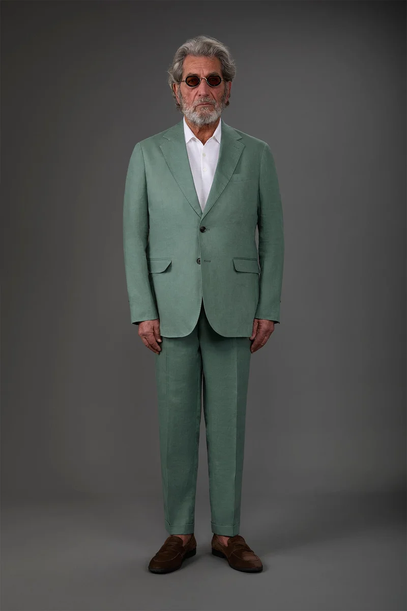 Doppelganger Single-breasted men's suit with flat front trousers, in pure linen with a washed effect - Sage Green