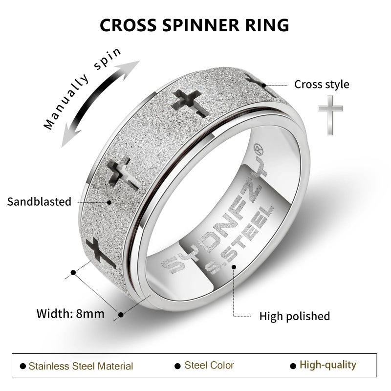 SYDNFZY Anxiety Spinner Ring for Men - Stainless Steel Fidget Spinner Ring, Band Cross Thumb Roating Rings for Stress Relief 8mm Anxiety Relieve Fidget Toys for Adults Ring Size 6 7 8 9 10 11 (Silver, 10) - Image 2