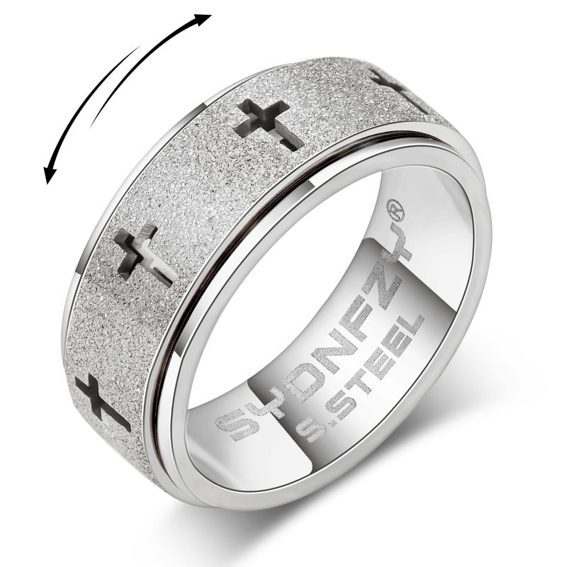 SYDNFZY Anxiety Spinner Ring for Men - Stainless Steel Fidget Spinner Ring, Band Cross Thumb Roating Rings for Stress Relief 8mm Anxiety Relieve Fidget Toys for Adults Ring Size 6 7 8 9 10 11 (Silver, 10) - Image 1