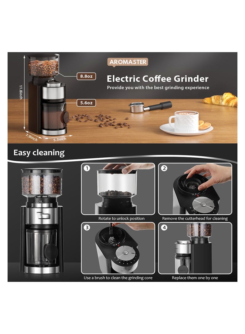 SYOSI Electric Coffee Grinder, Coffee Bean Grinder with 25 Precise Settings for Drip, French Press, Cold Brew, Espresso Grinder with 51-53mm Portafilter Holder, 2-12 Cups Timer, for Home Use  - Image 4