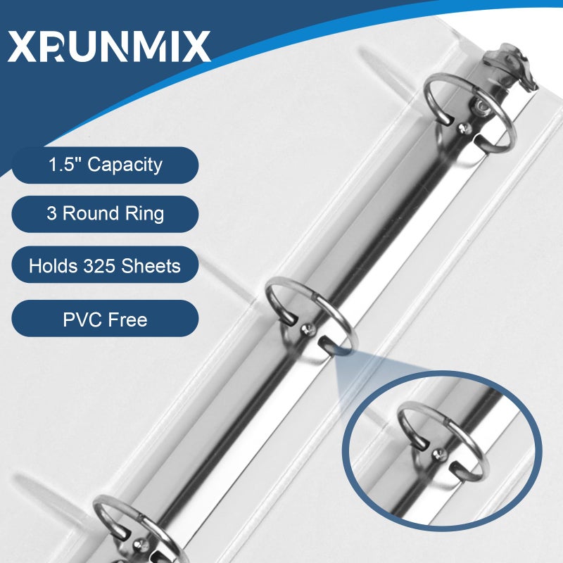 XRUNMIX 1.5-Inch 3-Ring Binder with Pockets, 1-1/2â€™â€™ Premium View Binders with Three Ring Binders Holds up to 325 Sheets US Letter Size, Bulk Pack of 6, Perfect for Home, Office, and School (1.5-inch) White - Image 3
